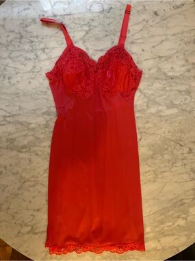 Vintage vibrant red lace night slip